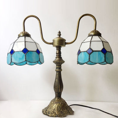 Traditional Tiffany Glass Iron Resin Swan Neck Dome Beads 2-Light Table Lamp For Bedside