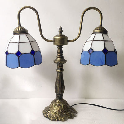 Traditional Tiffany Glass Iron Resin Swan Neck Dome Beads 2-Light Table Lamp For Bedside