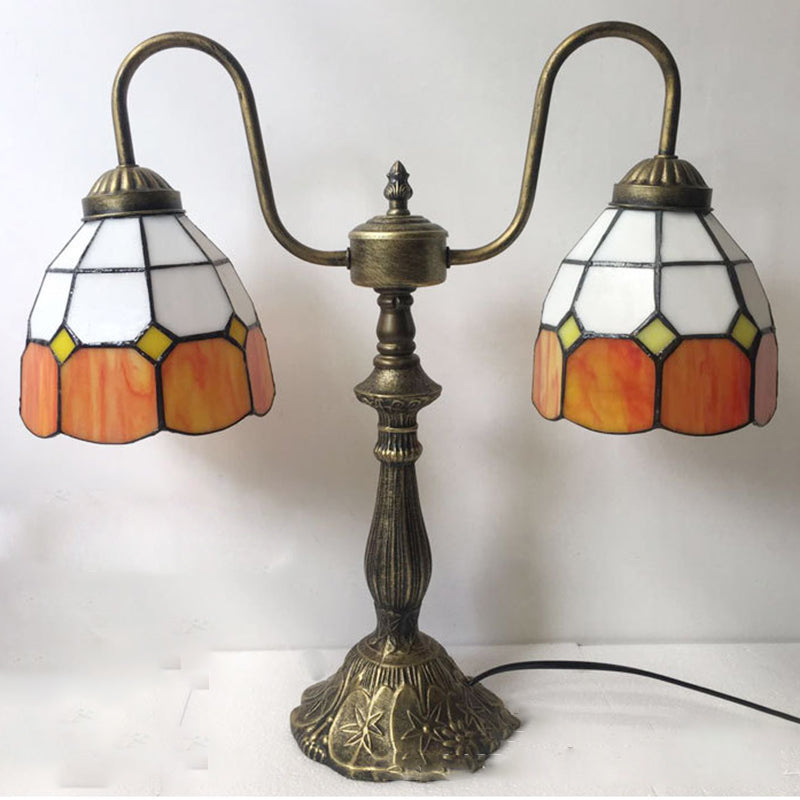 Traditional Tiffany Glass Iron Resin Swan Neck Dome Beads 2-Light Table Lamp For Bedside