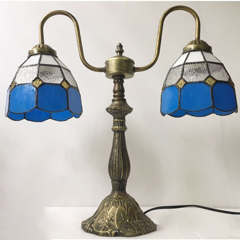 Traditional Tiffany Glass Iron Resin Swan Neck Dome Beads 2-Light Table Lamp For Bedside