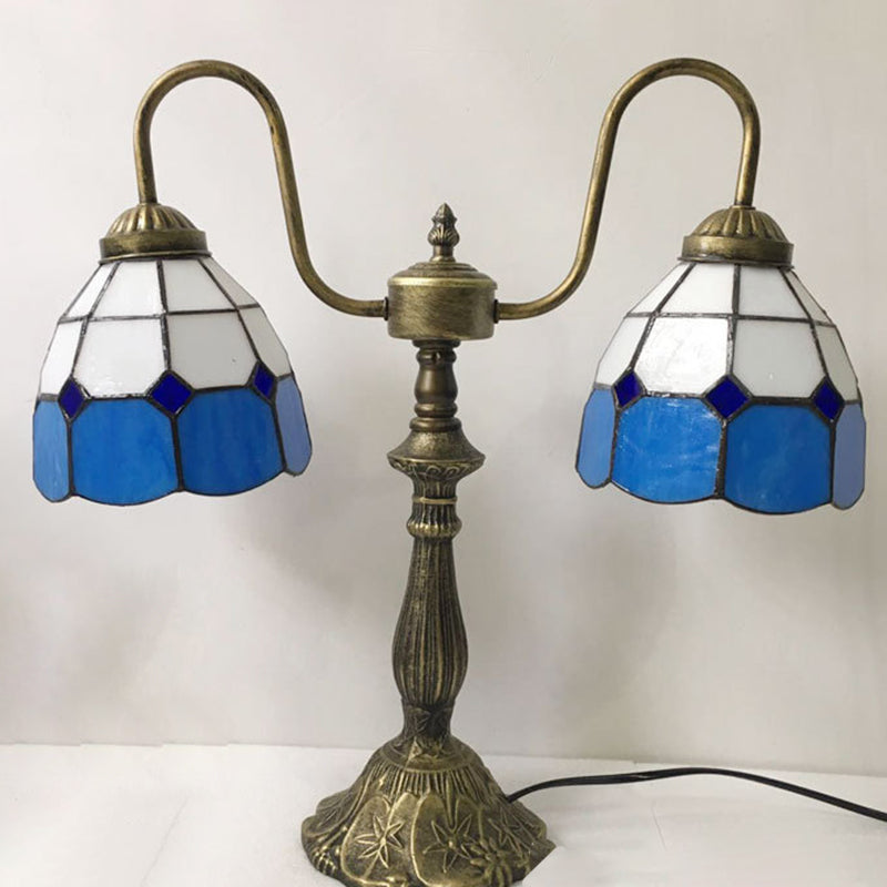 Traditional Tiffany Glass Iron Resin Swan Neck Dome Beads 2-Light Table Lamp For Bedside