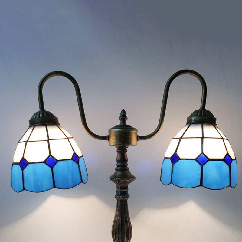 Traditional Tiffany Glass Iron Resin Swan Neck Dome Beads 2-Light Table Lamp For Bedside