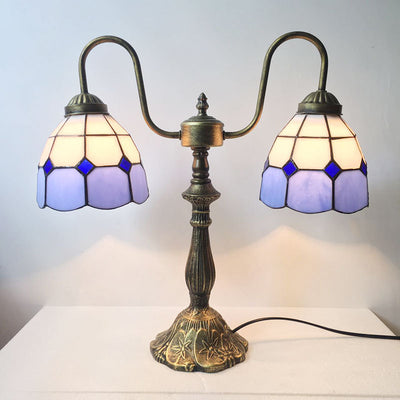 Traditional Tiffany Glass Iron Resin Swan Neck Dome Beads 2-Light Table Lamp For Bedside