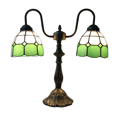 Traditional Tiffany Glass Iron Resin Swan Neck Dome Beads 2-Light Table Lamp For Bedside