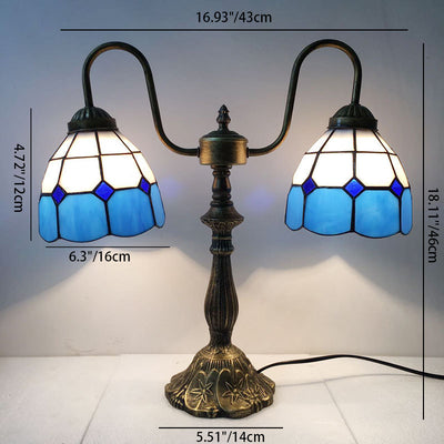 Traditional Tiffany Glass Iron Resin Swan Neck Dome Beads 2-Light Table Lamp For Bedside