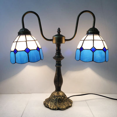 Traditional Tiffany Glass Iron Resin Swan Neck Dome Beads 2-Light Table Lamp For Bedside