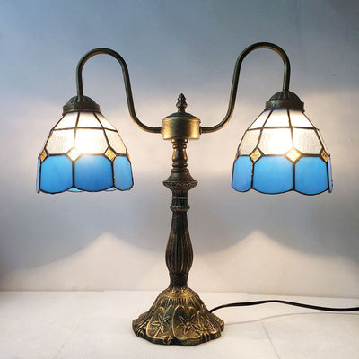 Traditional Tiffany Glass Iron Resin Swan Neck Dome Beads 2-Light Table Lamp For Bedside