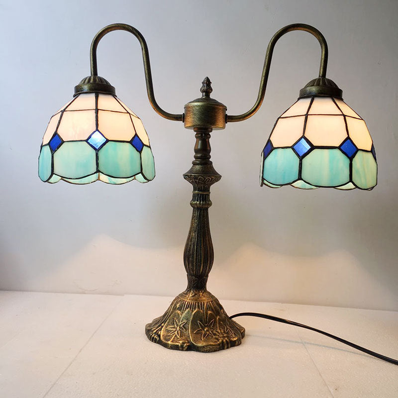 Traditional Tiffany Glass Iron Resin Swan Neck Dome Beads 2-Light Table Lamp For Bedside