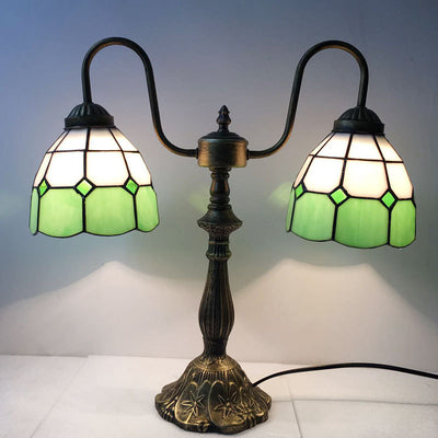 Traditional Tiffany Glass Iron Resin Swan Neck Dome Beads 2-Light Table Lamp For Bedside