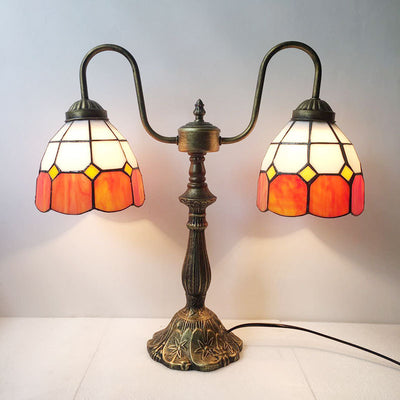 Traditional Tiffany Glass Iron Resin Swan Neck Dome Beads 2-Light Table Lamp For Bedside