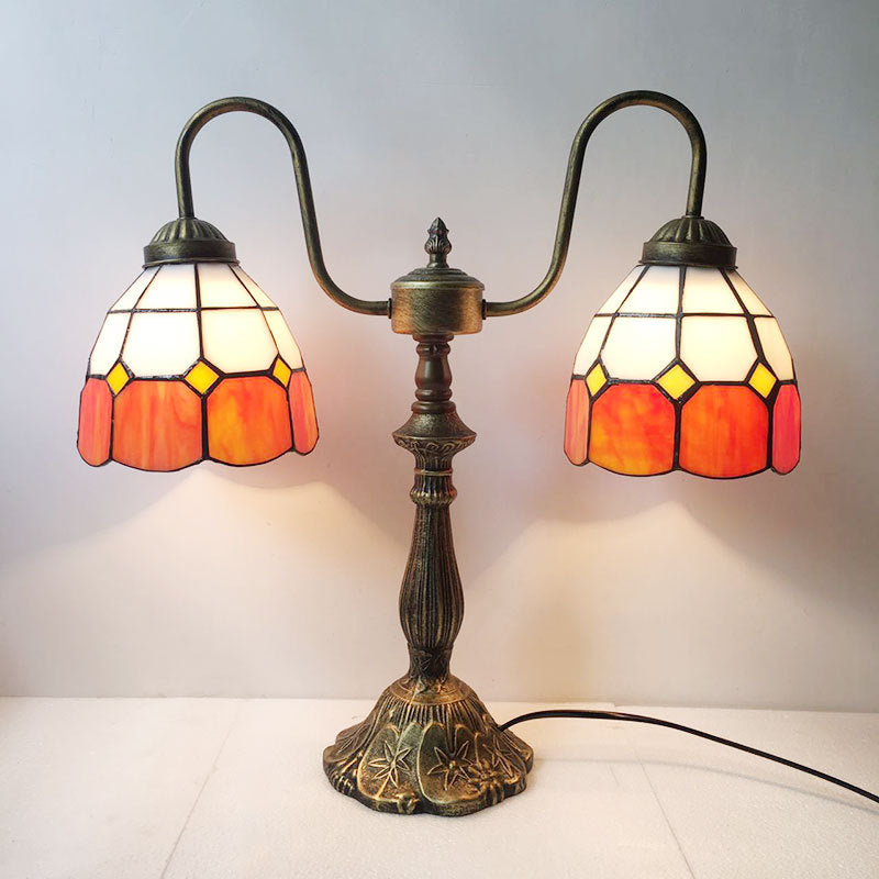 Traditional Tiffany Glass Iron Resin Swan Neck Dome Beads 2-Light Table Lamp For Bedside