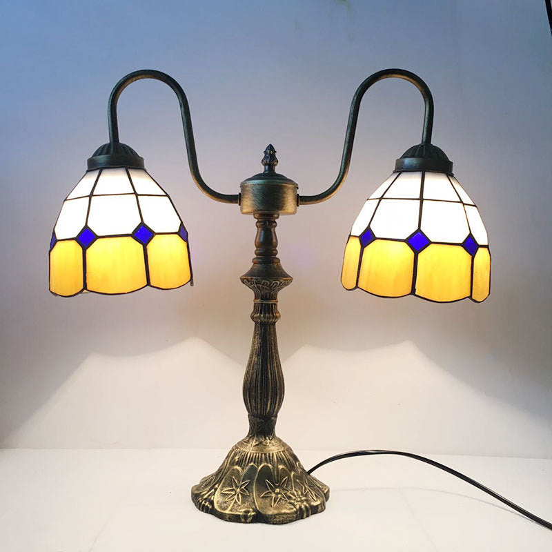 Traditional Tiffany Glass Iron Resin Swan Neck Dome Beads 2-Light Table Lamp For Bedside