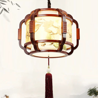 Traditional Chinese Iron Solid Wood Acrylic Cylinder Carving Flower 4-Light Chandeliers For Dining Room