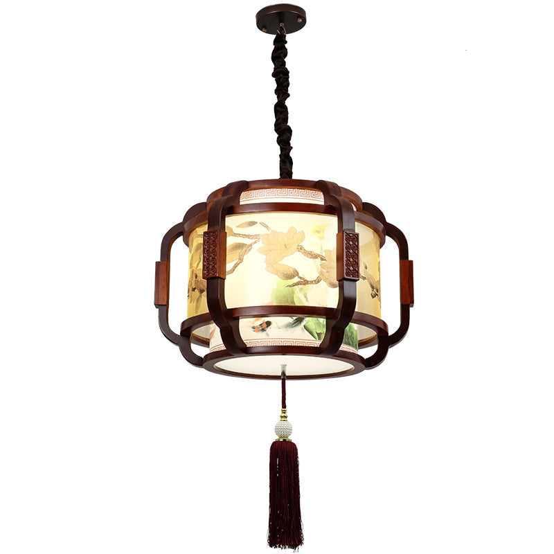 Traditional Chinese Iron Solid Wood Acrylic Cylinder Carving Flower 4-Light Chandeliers For Dining Room