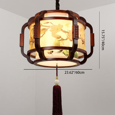 Traditional Chinese Iron Solid Wood Acrylic Cylinder Carving Flower 4-Light Chandeliers For Dining Room