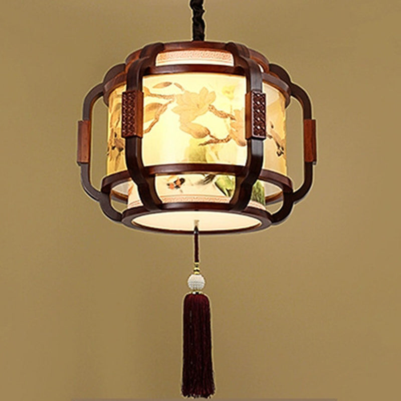 Traditional Chinese Iron Solid Wood Acrylic Cylinder Carving Flower 4-Light Chandeliers For Dining Room