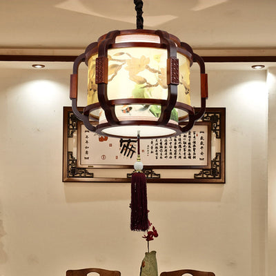 Traditional Chinese Iron Solid Wood Acrylic Cylinder Carving Flower 4-Light Chandeliers For Dining Room