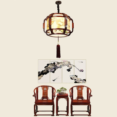 Traditional Chinese Iron Solid Wood Acrylic Cylinder Carving Flower 4-Light Chandeliers For Dining Room