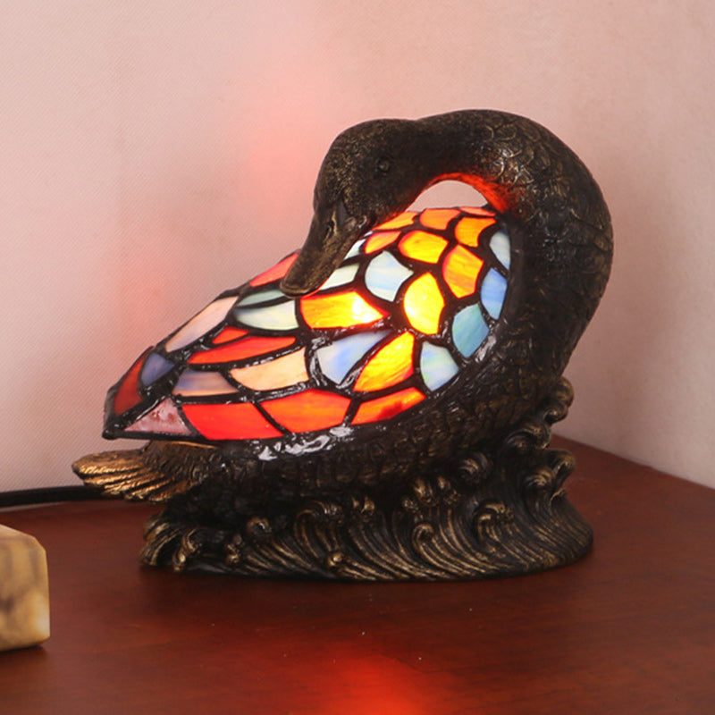 Traditional Tiffany Glass Resin Hand-Carved Duck Decoration 1-Light Table Lamp Night Light For Bedside