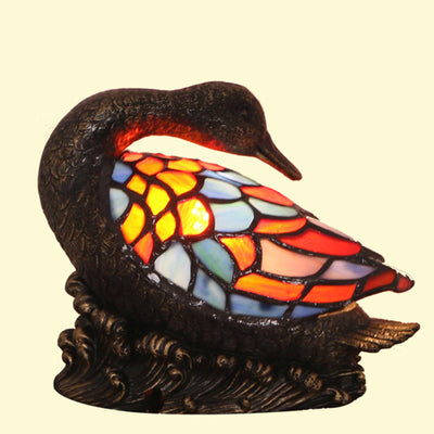 Traditional Tiffany Glass Resin Hand-Carved Duck Decoration 1-Light Table Lamp Night Light For Bedside