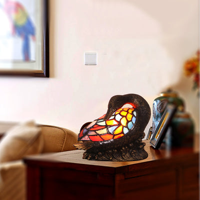 Traditional Tiffany Glass Resin Hand-Carved Duck Decoration 1-Light Table Lamp Night Light For Bedside