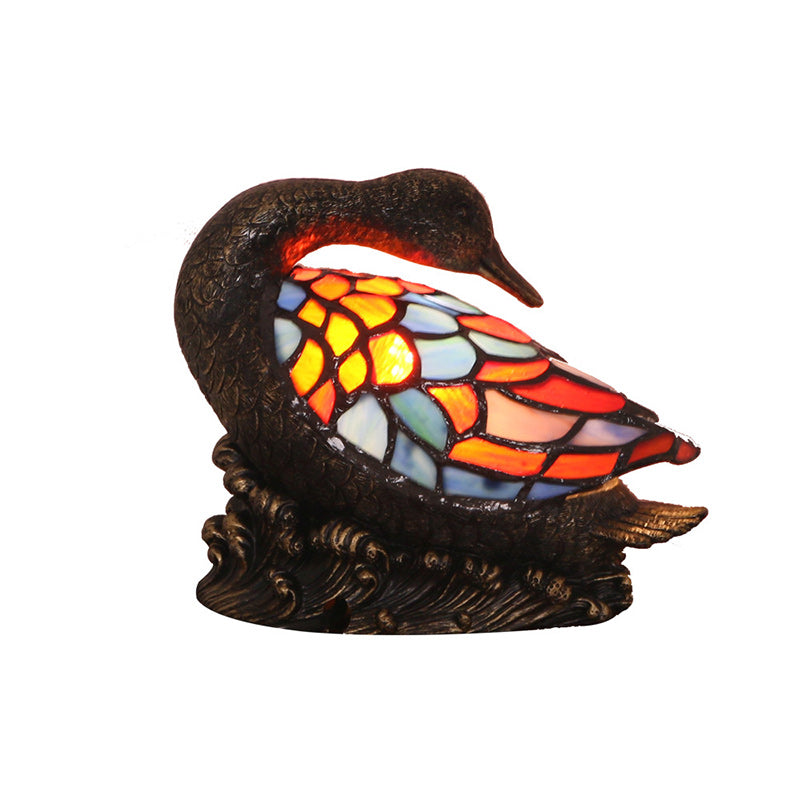 Traditional Tiffany Glass Resin Hand-Carved Duck Decoration 1-Light Table Lamp Night Light For Bedside