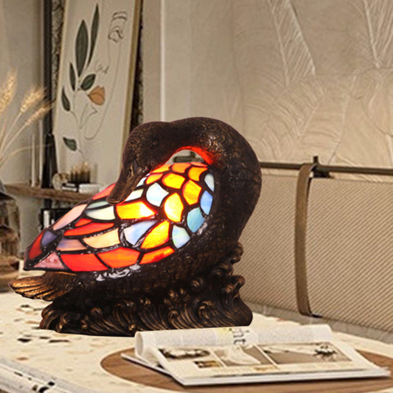 Traditional Tiffany Glass Resin Hand-Carved Duck Decoration 1-Light Table Lamp Night Light For Bedside