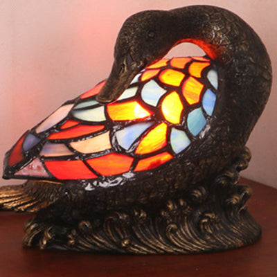 Traditional Tiffany Glass Resin Hand-Carved Duck Decoration 1-Light Table Lamp Night Light For Bedside