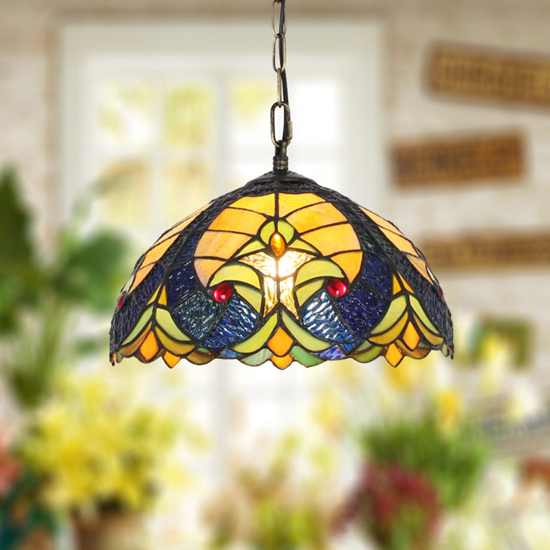 Traditional Tiffany Glass Iron Dome Heart 1-Light Pendant Light For Dining Room