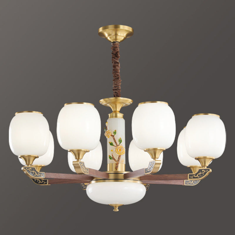 Traditional Chinese Brass Walnut Glass Cylinder Flower 6/8/10/15 Light LED Bottom Bracket Chandeliers For Living Room