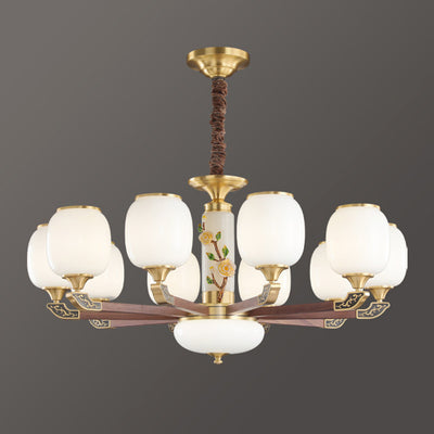 Traditional Chinese Brass Walnut Glass Cylinder Flower 6/8/10/15 Light LED Bottom Bracket Chandeliers For Living Room