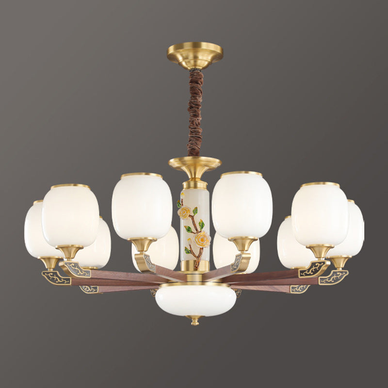 Traditional Chinese Brass Walnut Glass Cylinder Flower 6/8/10/15 Light LED Bottom Bracket Chandeliers For Living Room