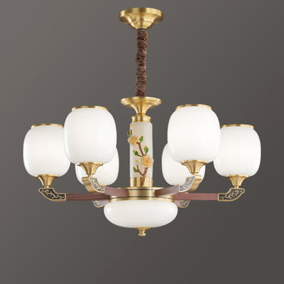 Traditional Chinese Brass Walnut Glass Cylinder Flower 6/8/10/15 Light LED Bottom Bracket Chandeliers For Living Room