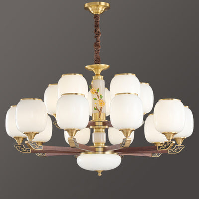 Traditional Chinese Brass Walnut Glass Cylinder Flower 6/8/10/15 Light LED Bottom Bracket Chandeliers For Living Room