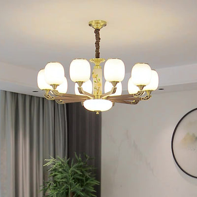 Traditional Chinese Brass Walnut Glass Cylinder Flower 6/8/10/15 Light LED Bottom Bracket Chandeliers For Living Room