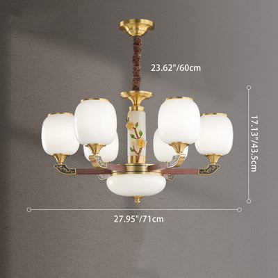 Traditional Chinese Brass Walnut Glass Cylinder Flower 6/8/10/15 Light LED Bottom Bracket Chandeliers For Living Room