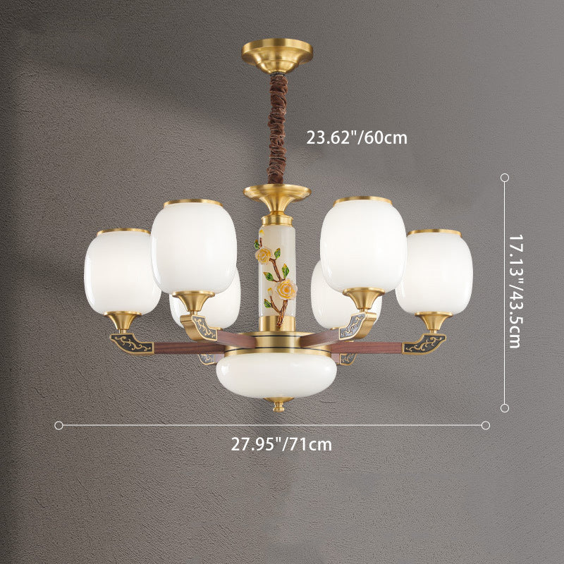 Traditional Chinese Brass Walnut Glass Cylinder Flower 6/8/10/15 Light LED Bottom Bracket Chandeliers For Living Room