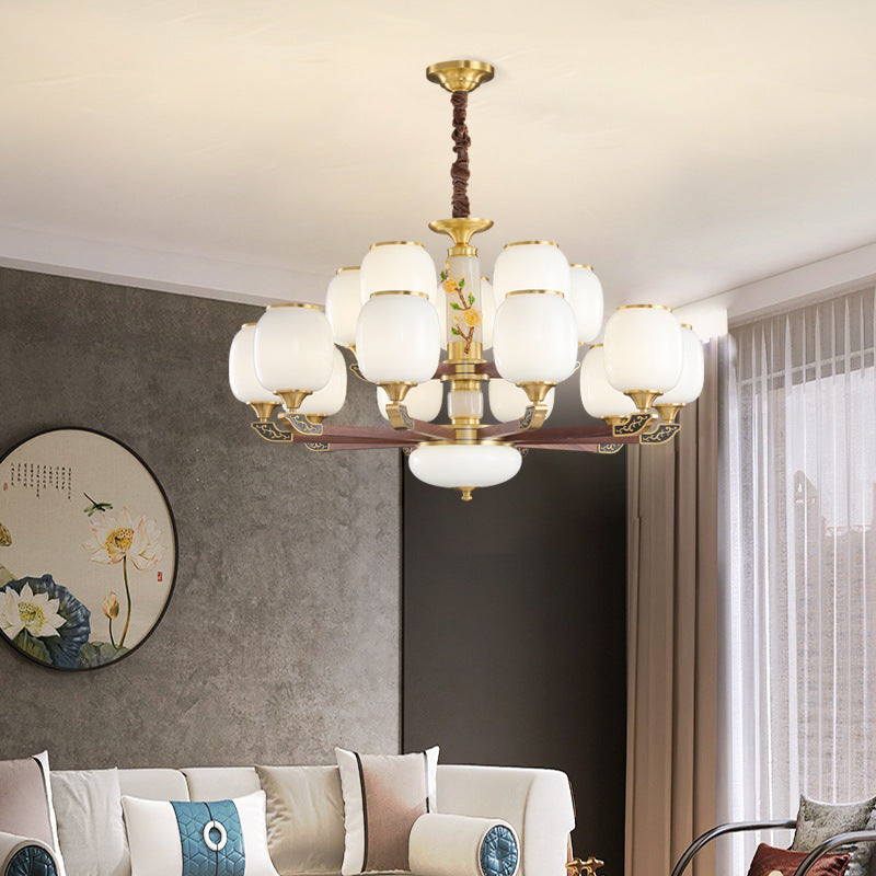 Traditional Chinese Brass Walnut Glass Cylinder Flower 6/8/10/15 Light LED Bottom Bracket Chandeliers For Living Room