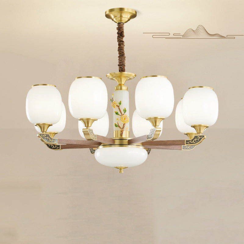 Traditional Chinese Brass Walnut Glass Cylinder Flower 6/8/10/15 Light LED Bottom Bracket Chandeliers For Living Room