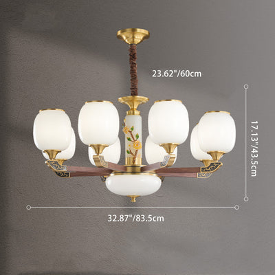 Traditional Chinese Brass Walnut Glass Cylinder Flower 6/8/10/15 Light LED Bottom Bracket Chandeliers For Living Room