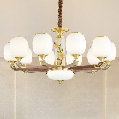 Traditional Chinese Brass Walnut Glass Cylinder Flower 6/8/10/15 Light LED Bottom Bracket Chandeliers For Living Room