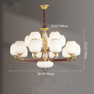 Traditional Chinese Brass Walnut Glass Cylinder Flower 6/8/10/15 Light LED Bottom Bracket Chandeliers For Living Room