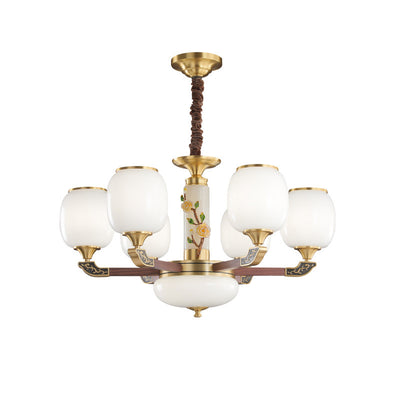 Traditional Chinese Brass Walnut Glass Cylinder Flower 6/8/10/15 Light LED Bottom Bracket Chandeliers For Living Room