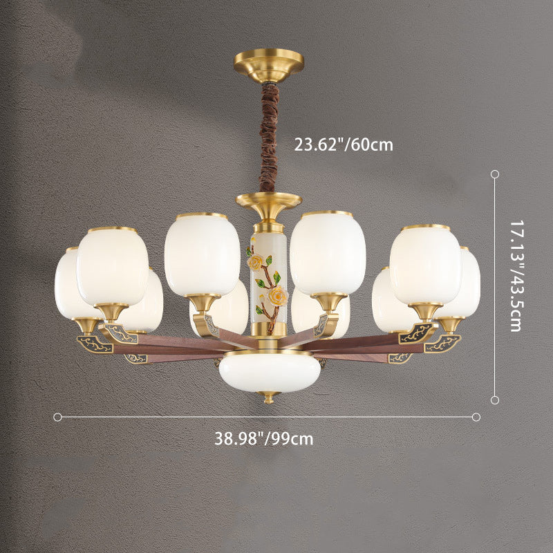 Traditional Chinese Brass Walnut Glass Cylinder Flower 6/8/10/15 Light LED Bottom Bracket Chandeliers For Living Room