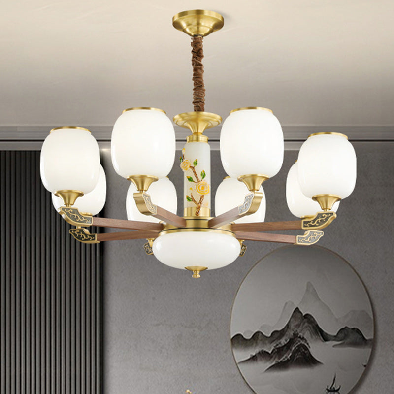 Traditional Chinese Brass Walnut Glass Cylinder Flower 6/8/10/15 Light LED Bottom Bracket Chandeliers For Living Room