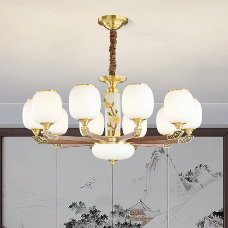 Traditional Chinese Brass Walnut Glass Cylinder Flower 6/8/10/15 Light LED Bottom Bracket Chandeliers For Living Room