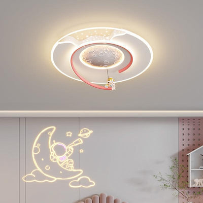 Contemporary Creative Kids Round Moon Astronaut Iron Acrylic Resin LED Flush Mount Ceiling Light For Bedroom