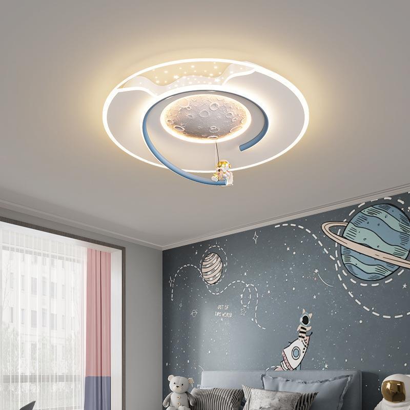 Contemporary Creative Kids Round Moon Astronaut Iron Acrylic Resin LED Flush Mount Ceiling Light For Bedroom