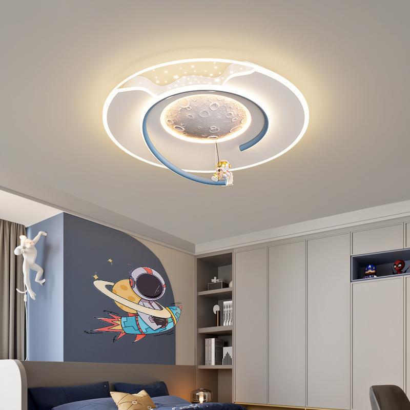 Contemporary Creative Kids Round Moon Astronaut Iron Acrylic Resin LED Flush Mount Ceiling Light For Bedroom