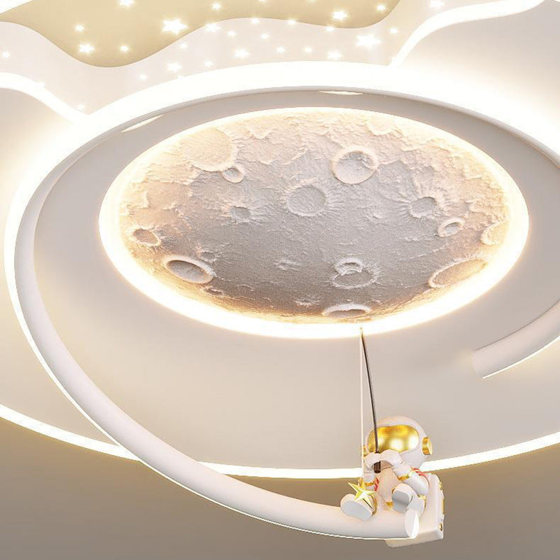 Contemporary Creative Kids Round Moon Astronaut Iron Acrylic Resin LED Flush Mount Ceiling Light For Bedroom